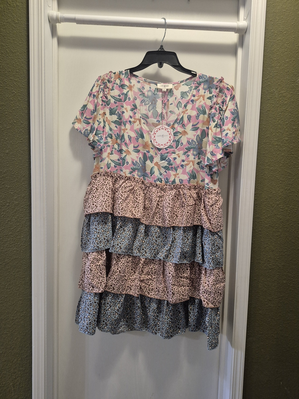 Floral & Tiered Ruffle Dress - Pink & Blue